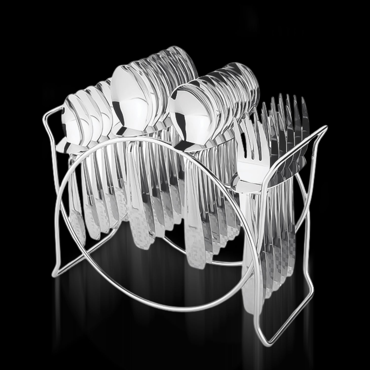 01_111ad5f7-4d5f-4516-b9c6-51417a1280ff.jpg Rehbarlane Stainless Steel Cutlery Set with Elegant Storage Stand (24 Pc) - Image 1