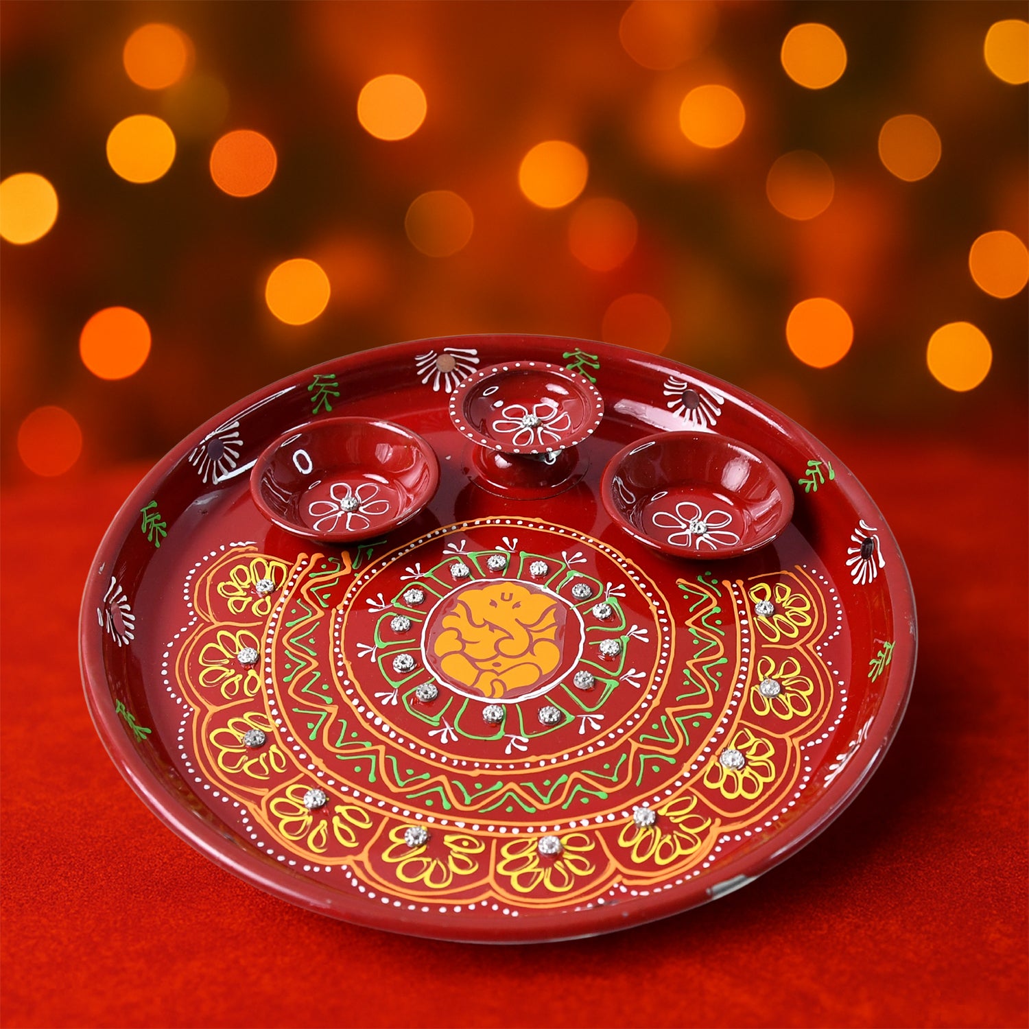 01_643d2617-4ca8-49da-b69a-fd27105d8d2c.jpg Rehbarlane Hand-Painted Decorative Pooja Thali with Motif and Diyas - Image 1