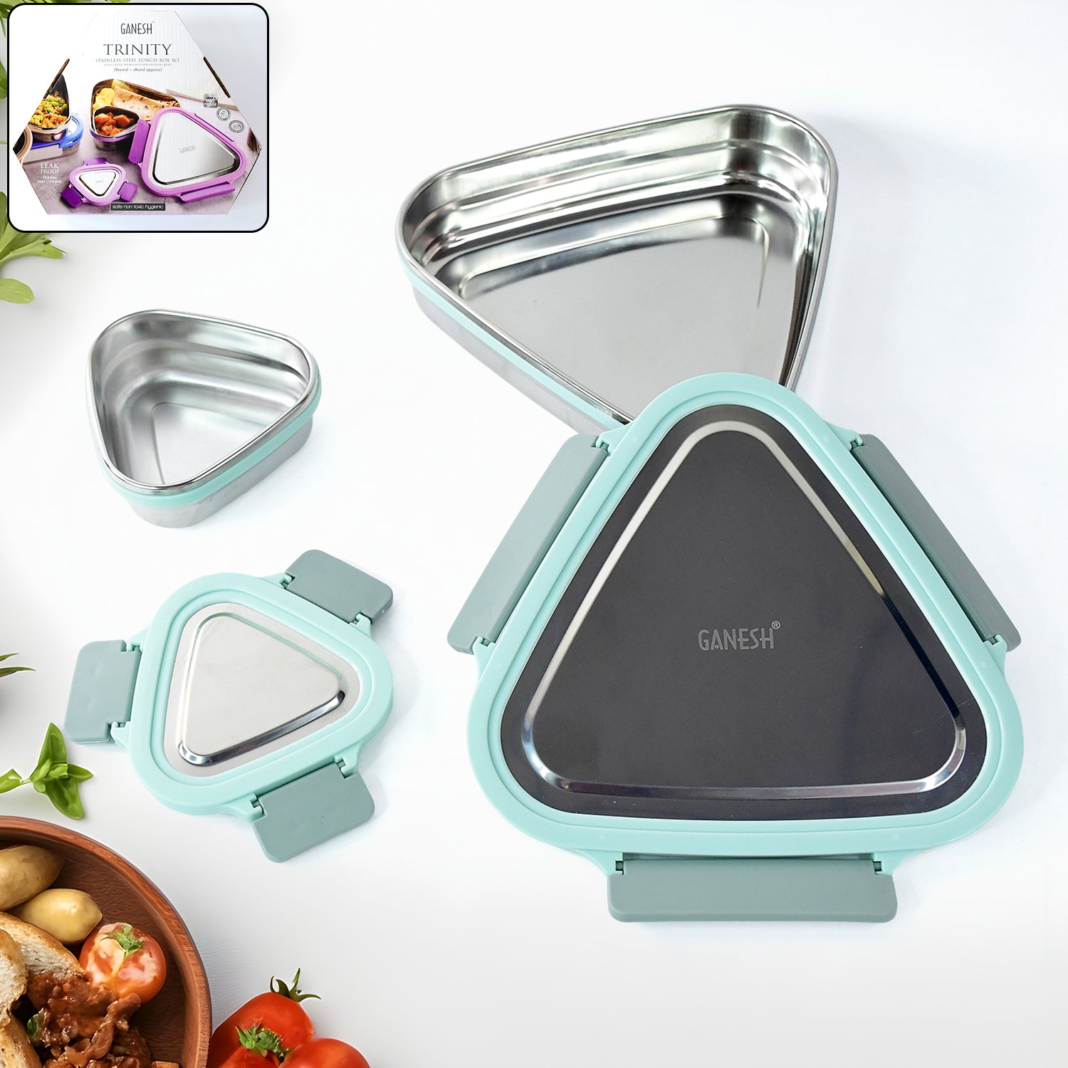 01_ea34d34a-0fdb-4bda-8f2e-2006fc050722.jpg Rehbarlane Ganesh Trinity 2-Piece Stainless Steel Triangle Lunch Box Set - Image 1