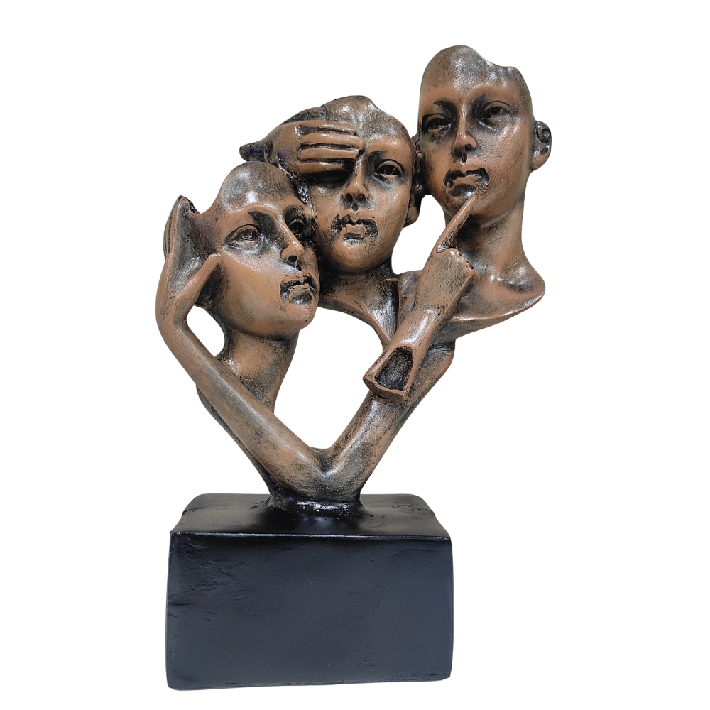 A-1.jpg Rehbarlane Abstract Three Faces Statue - See Hear Speak No Evil Modern Sculpture - Antique Bronze Finish Resin Figurine for Home, Office & Table Decor - Image 1