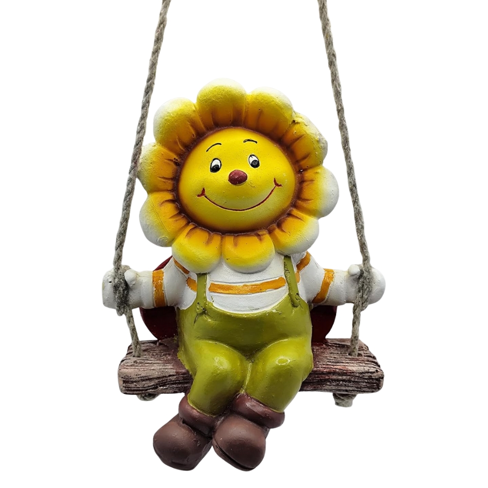 DD1.jpg Rehbarlane Whimsical Sunflower on a Swing Figurine - Happy Yellow Flower Garden Statue - Hanging Resin Patio, Porch & Home Decor Gift - Image 1