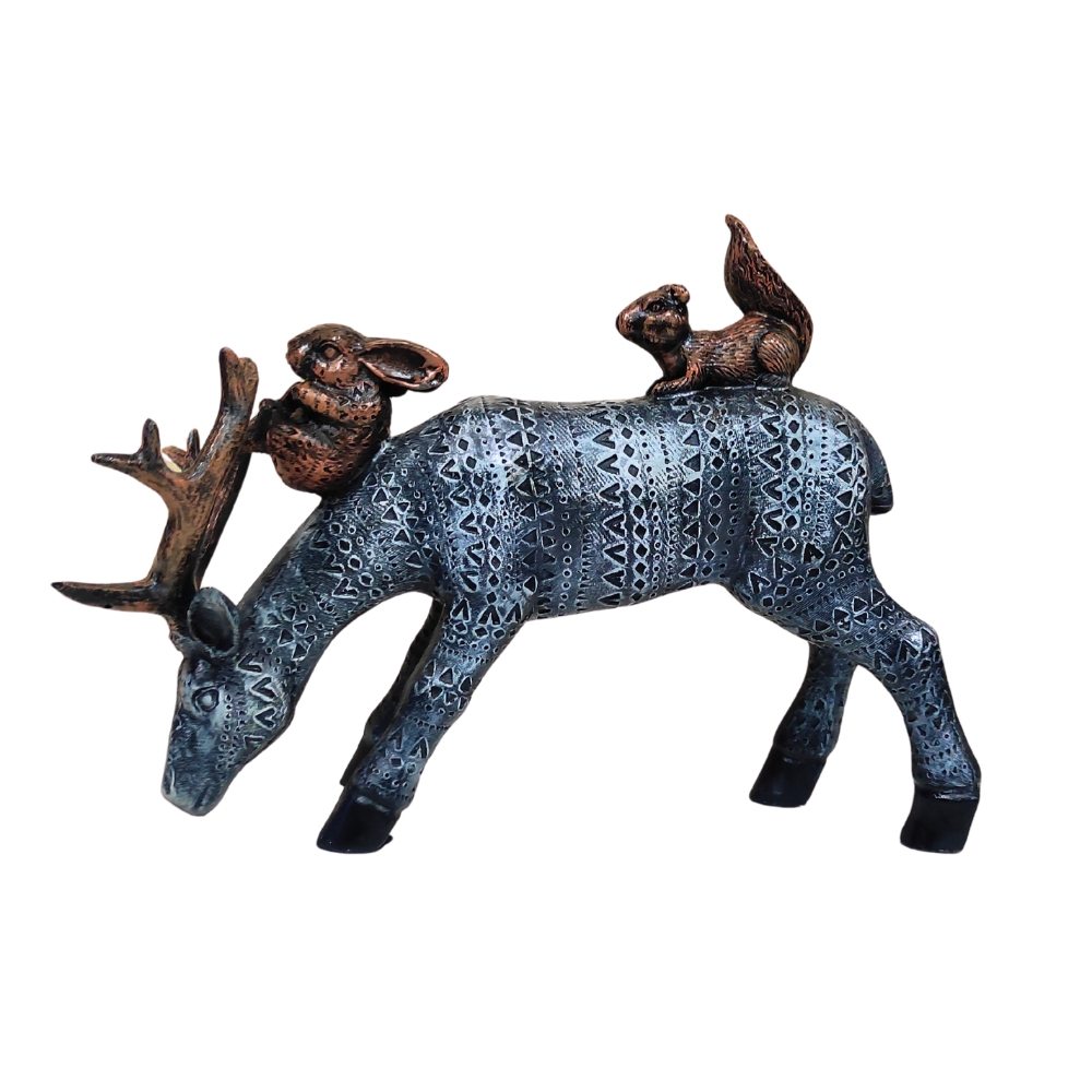 F1.jpg Rehbarlane Artisanal Deer Stag Statue with Squirrel & Rabbit Figurine - Intricate Textured Pattern, Polyresin Wildlife Home Decor Showpiece, Black/Silver - Image 1