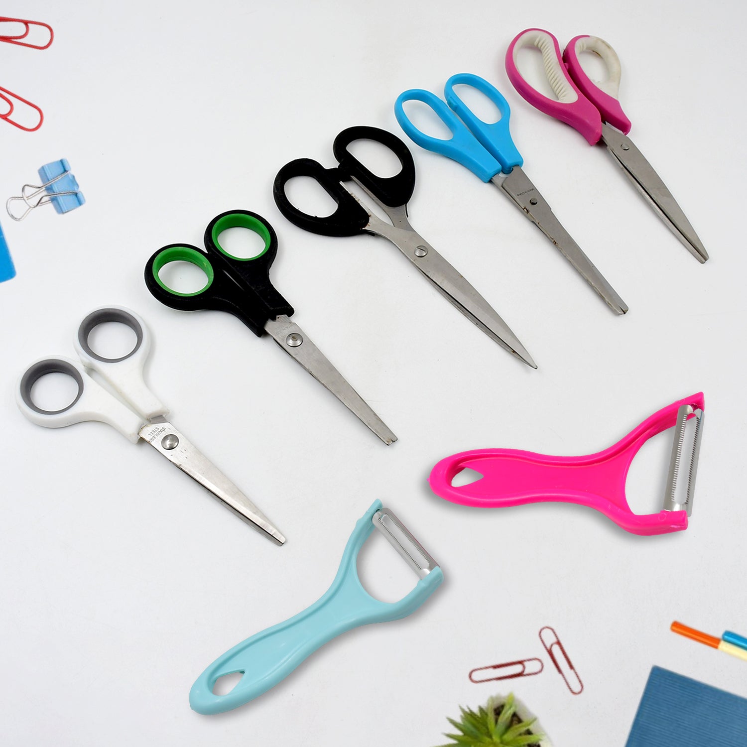 01_872a9aa2-74ab-4bbe-8534-cba3ed110645.jpg Rehbarlane Stainless Steel Kitchen Scissors Multipurpose Peeler (2 Pc Set Mix Design Scissor Peeler) - Image 1