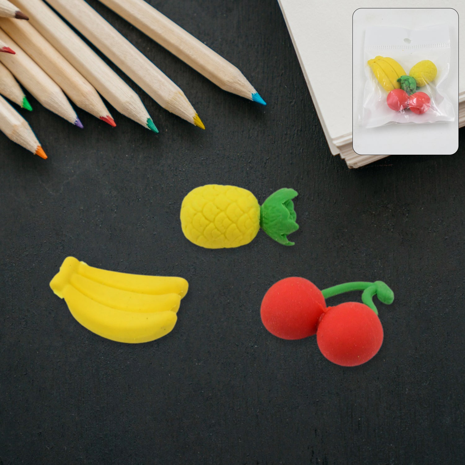 01_dd3078e7-e592-468e-9cd9-9bf43f5cb28c.jpg Rehbarlane Mix Design Fancy Stylish Colorful Erasers (1 Set 3 Pc Set) - Image 1