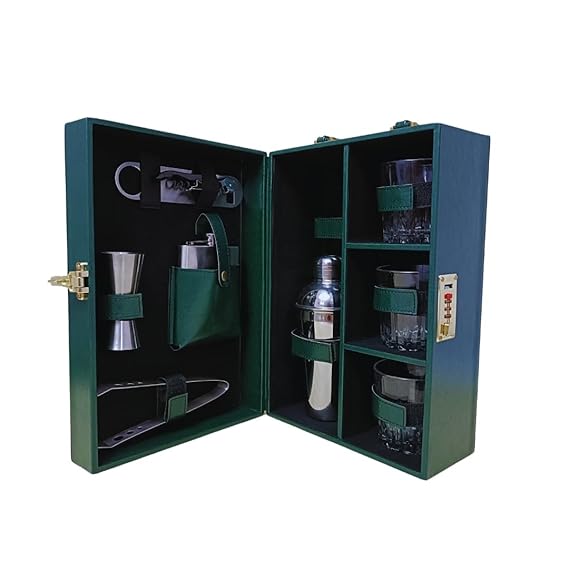 51UItO2CML._SX569_.jpg Rehbarlane Presents Premium Portable Bar Set with Travel Case ?11-Piece Cocktail Shaker Set with Glasses, Tools & Lock ?Travel Mini Bar Kit for Home,Parties & Gifting ?Green Leather Finish - Image 1