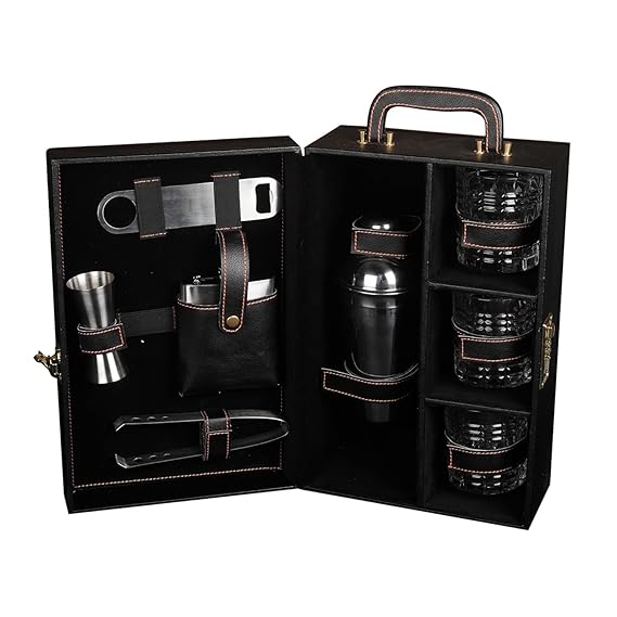 61jxpvbhghL._SX569_.jpg Rehbarlane Presents Premium Portable Bar Set with Travel Case ?11-Piece Cocktail Shaker Set with Glasses, Tools & Lock ?Travel Mini Bar Kit for Home,Parties & Gifting ?Black Leather Finish - Image 1